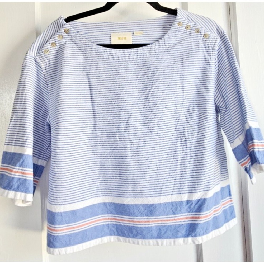 Maeve stripped cotton boat neck buttoned shoulder 3/4 sleeve pullover Sz Small